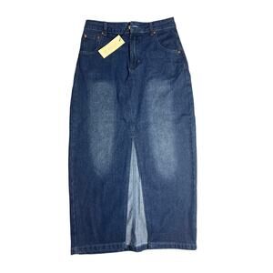 BNWt Rachel Zoe Denim Maxi Skirt Size 6 Front Slit Blue Pockets Stretch